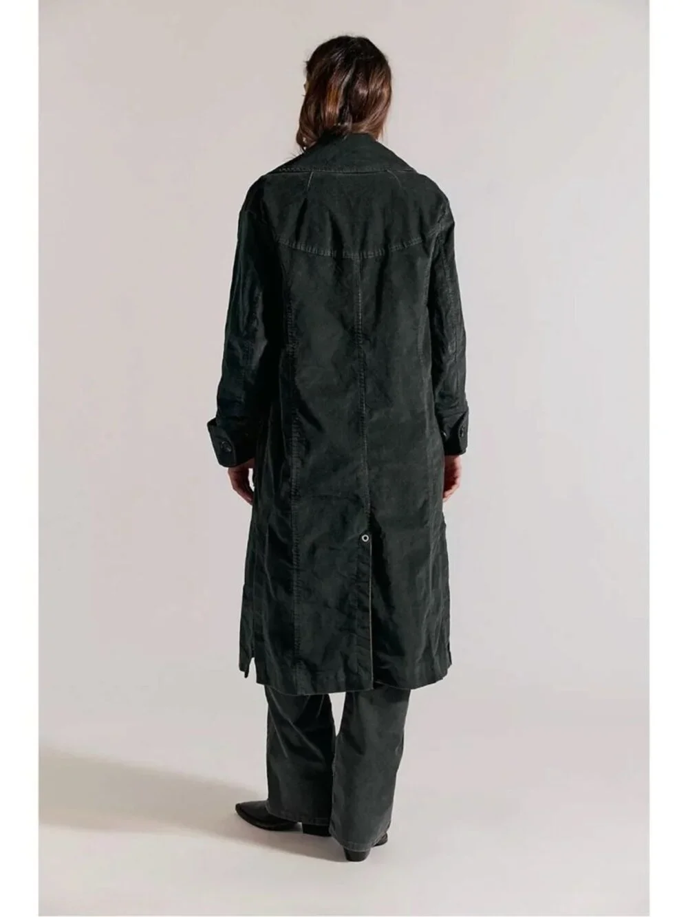 Free People Retro 70s Fox Cord Corduroy Duster Trench Coat Dark Charcoal Large